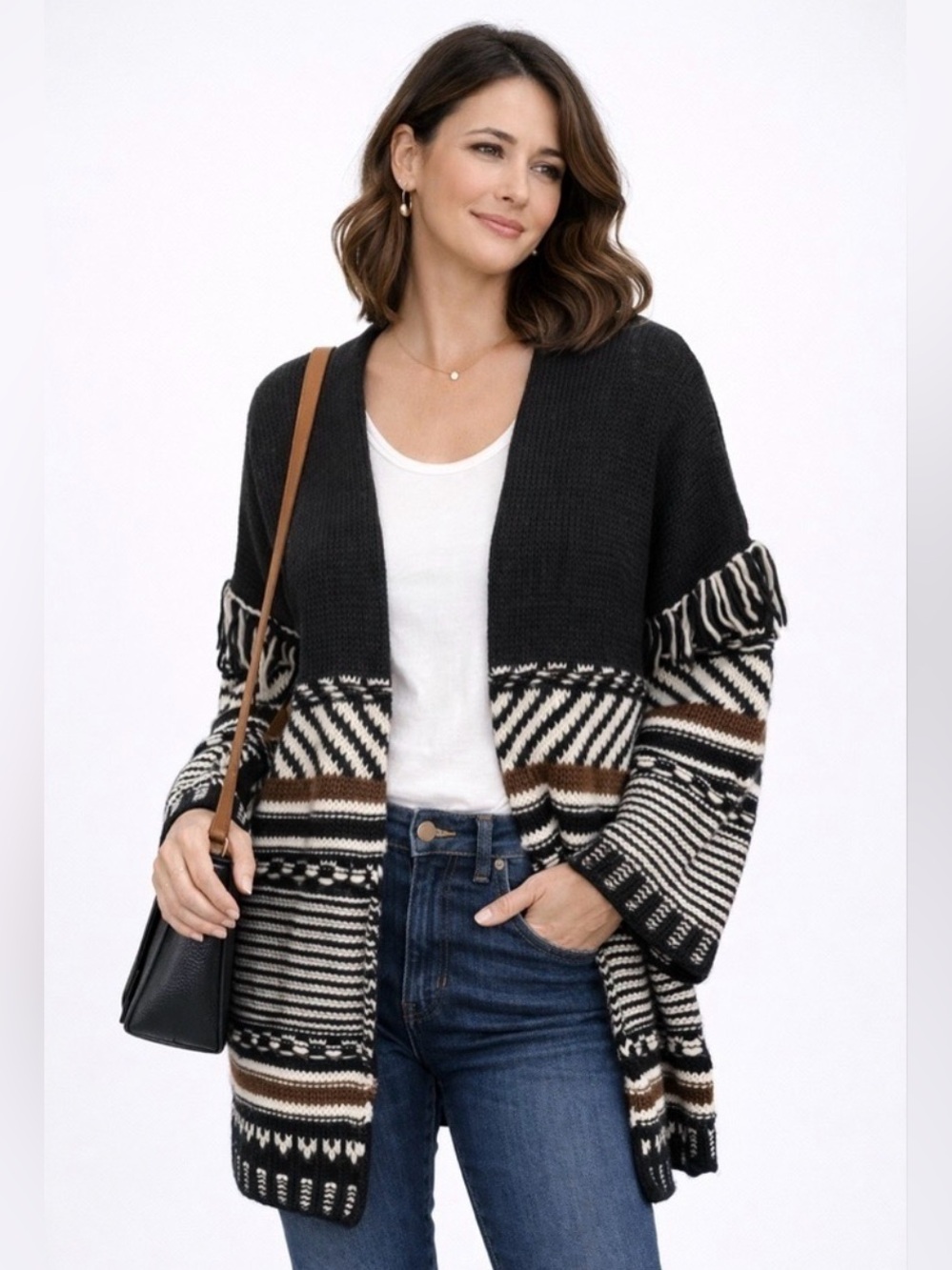 Fabrik Boho Tribal Open Front Cardigan Sweater Small Black White Brown
